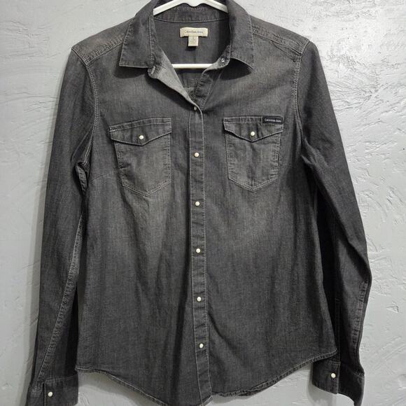 Calvin Klein Jeans Woman's Black Button Down Shirt with Snaps and Pockets size S - Picture 1 of 6